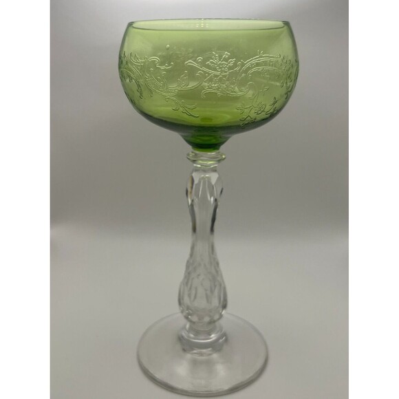 Antique Villeroy & Boch Hock Wine Glass Floral Scrollwork Green Clear Cut Stem - Picture 3 of 15